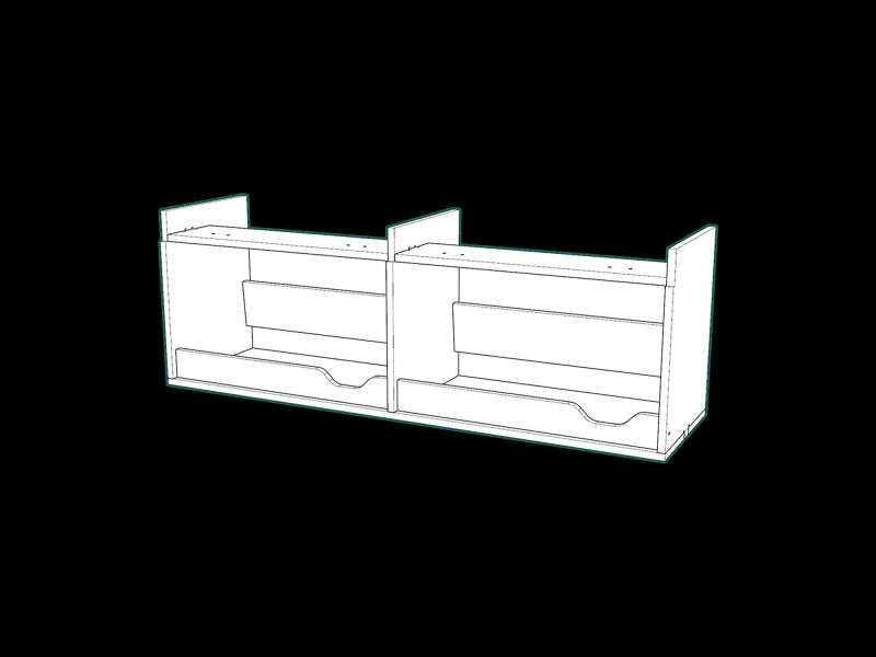 Technical layout illustration of the Campervan Cornice Top Cabinets showing the internal storage sections and cabinet structure, on a black background.