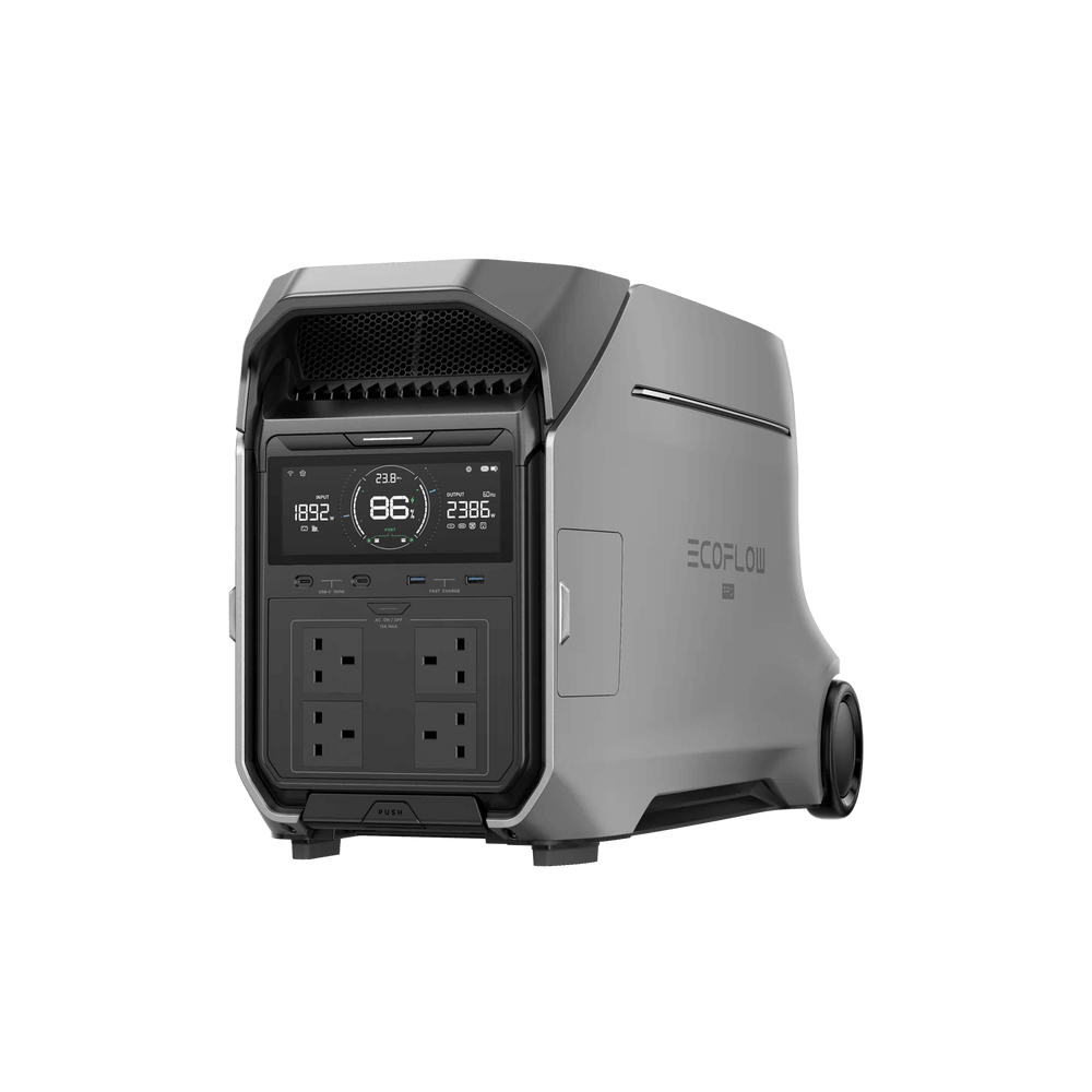 EcoFlow DELTA Pro 3 Portable Power Station front view showing AC outlets and LED display with a transparent background