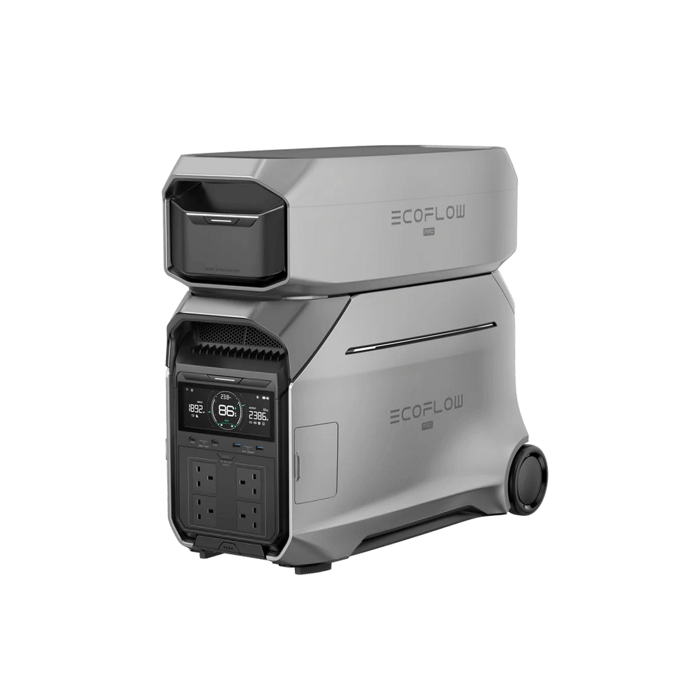 Angled view of the EcoFlow DELTA Pro 3 with one Smart Extra Battery stacked on top, showing the front panel with a display and AC outlets, and rear wheels for mobility, with plain transparent background.

