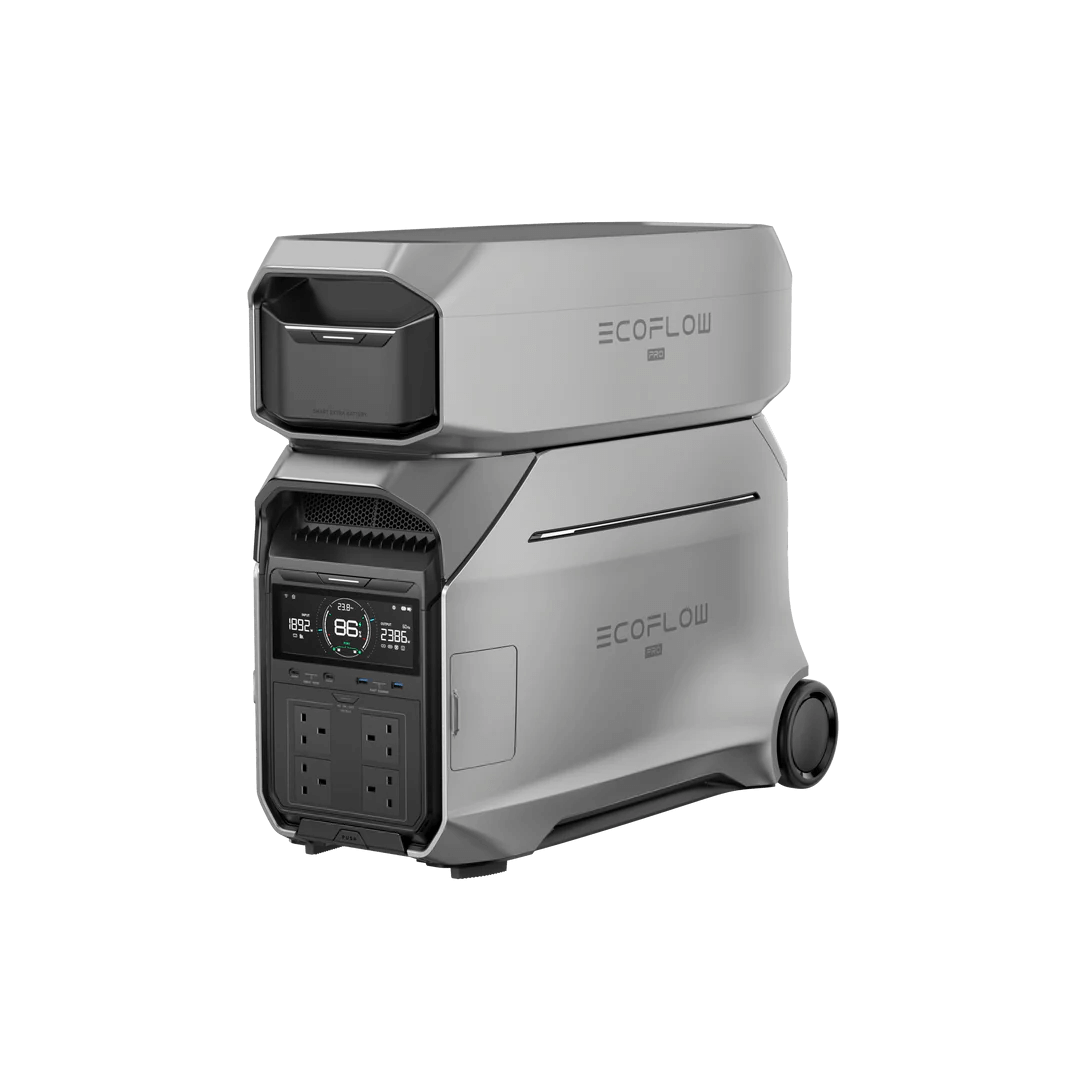 Angled view of the EcoFlow DELTA Pro 3 with one Smart Extra Battery stacked on top, showing the front panel with a display and AC outlets, and rear wheels for mobility, with plain transparent background.


