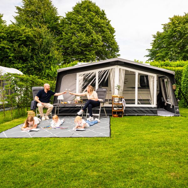 Diamond 240 Caravan Awning showing parents toasting