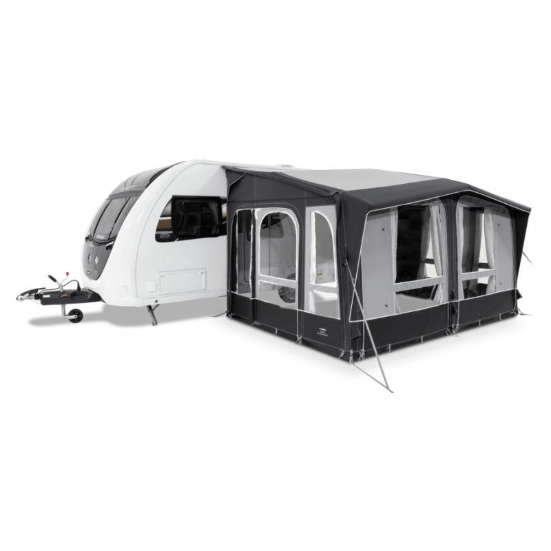 Dometic Club Air All Season Awning front view with caravan