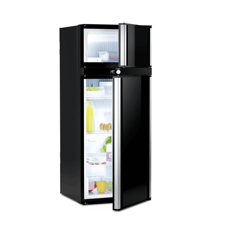Dometic RMD10 5XT Absorption Fridge angled view with upper freezer door open on a transparent background.