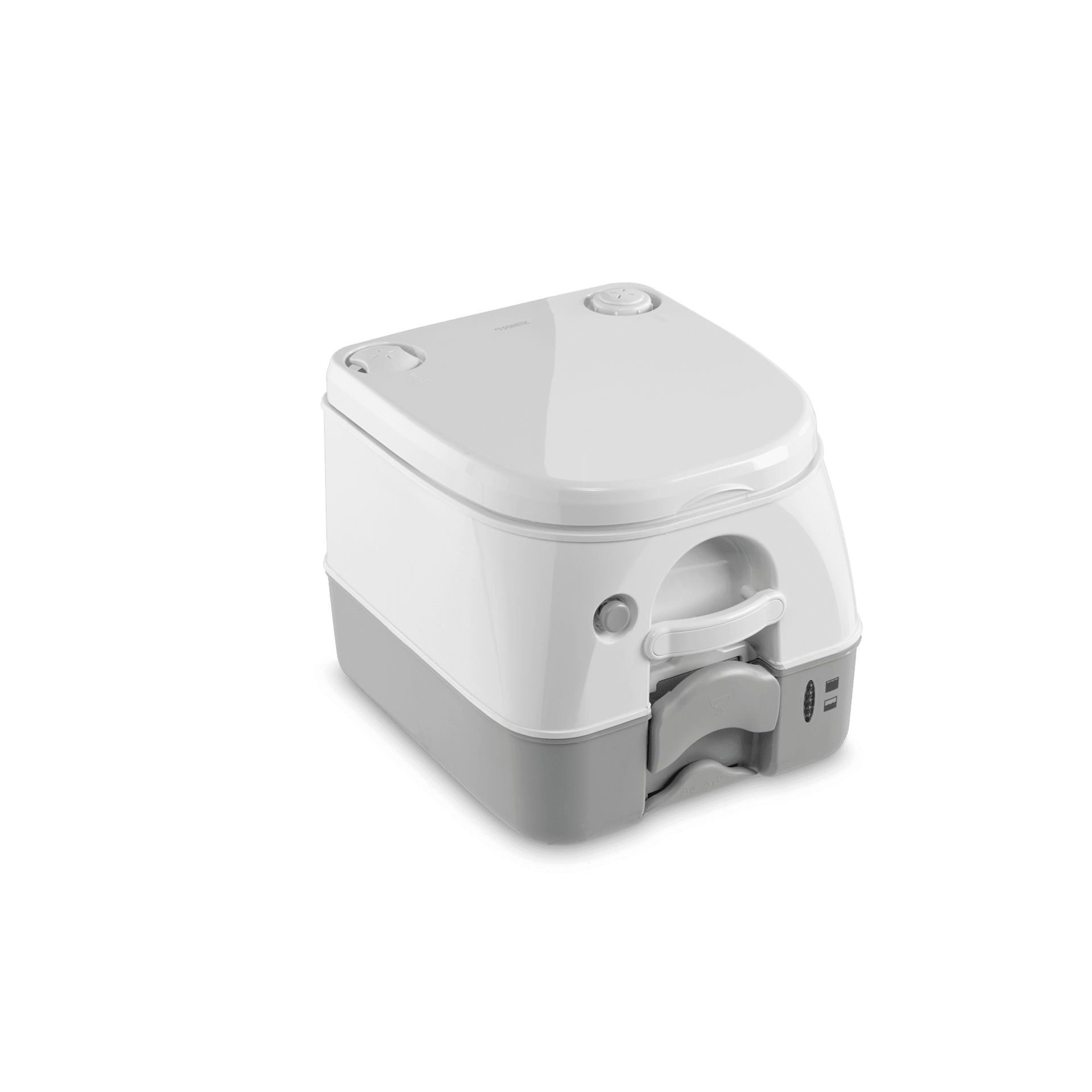 Dometic portable toilet compact camping toilet unit with sealed lid closed on a transparent background.