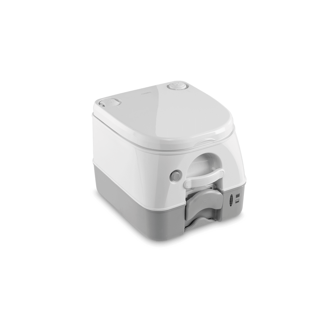 Dometic portable toilet compact camping toilet unit with sealed lid closed on a transparent background.