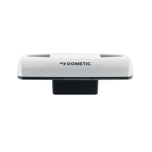 Front view of the Dometic CoolAir RTX 1000 12V rooftop air conditioner with Dometic branding on a white background.
