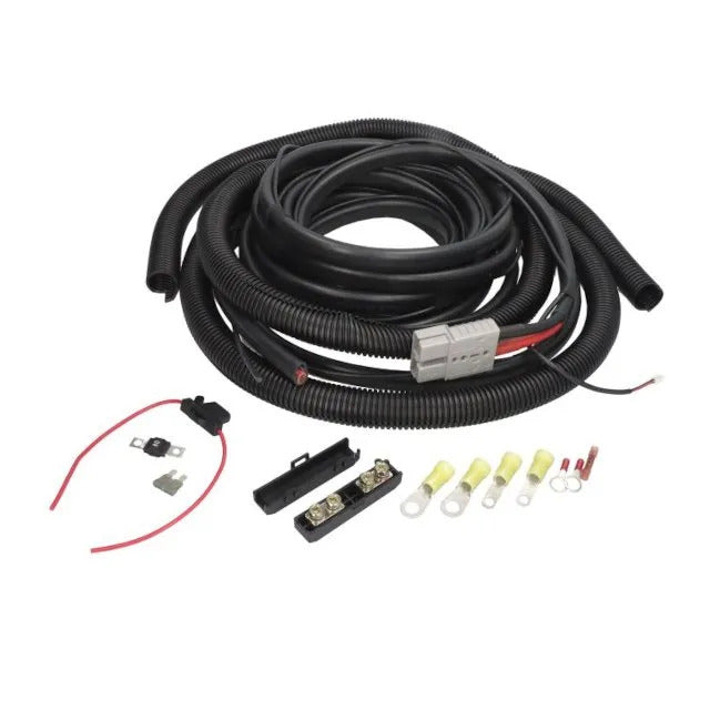 Dometic CoolAir RTX 1000 12V power cable kit with wiring harness, fuse holder, connectors, and terminals on a white background.