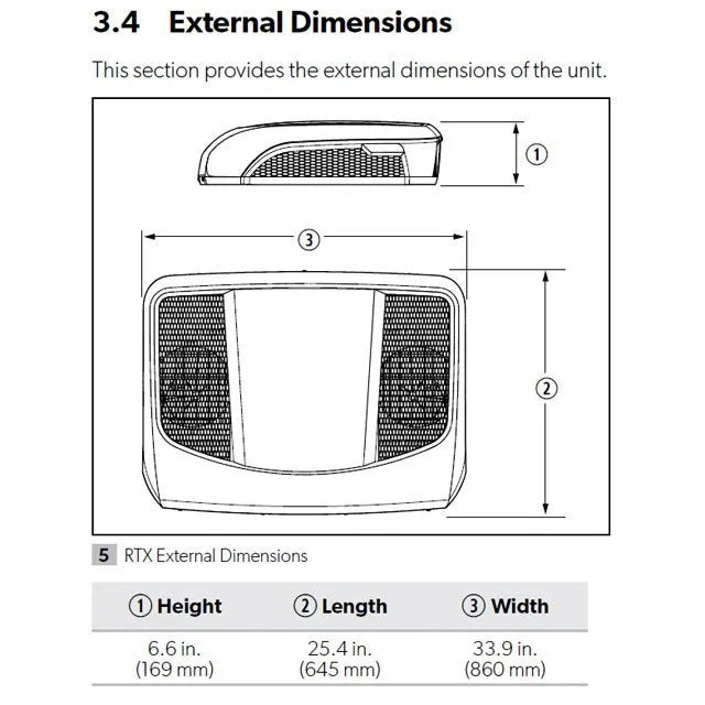 Dometic CoolAir RTX 1000 external dimensions diagram showing height, length, and width measurements on a white background.