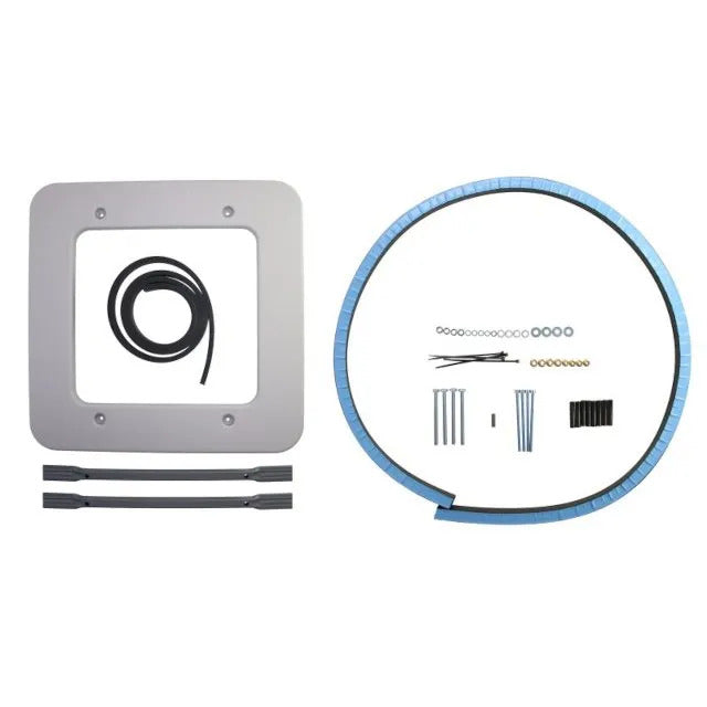 Dometic CoolAir RTX 1000 fitting kit including mounting frame, sealing gasket, fasteners, and installation hardware on a white background.