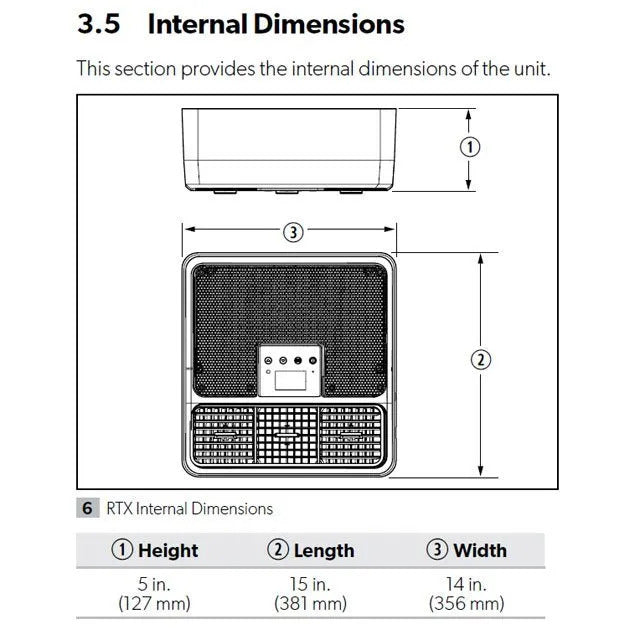 Dometic CoolAir RTX 1000 internal dimensions diagram showing height, length, and width measurements on a white background.