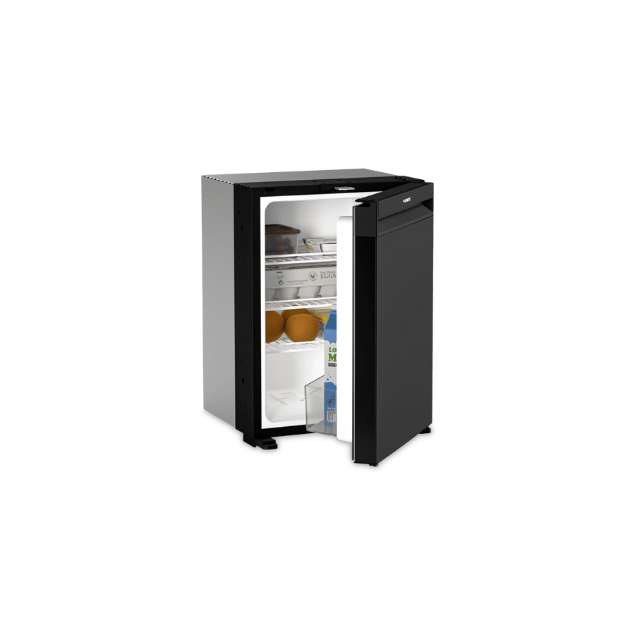 Dometic CoolMatic NRX 35E fridge with door partially open showing food inside on a transparent background.