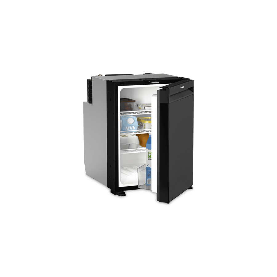 Dometic CoolMatic NRX 50E compressor fridge with door open showing interior shelves and food on a transparent background.