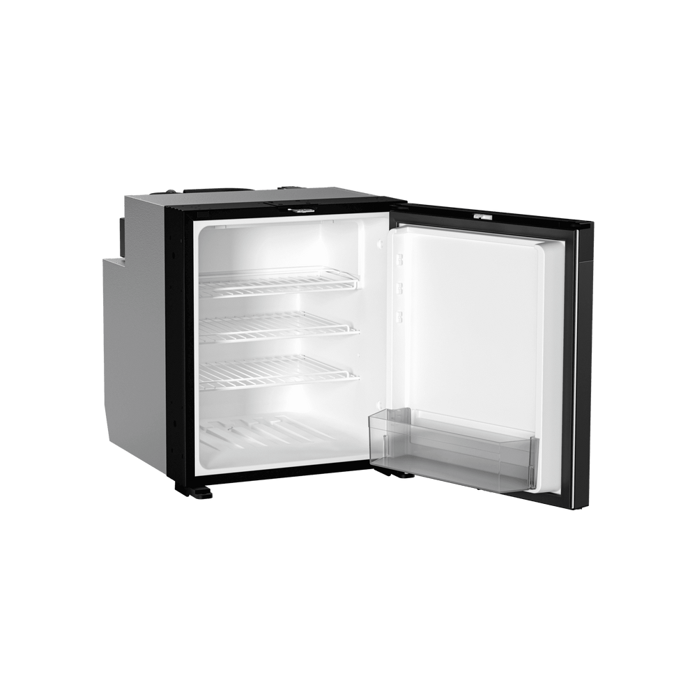 Dometic CoolMatic NRX 60E compressor fridge with door open showing interior shelves on a transparent background.