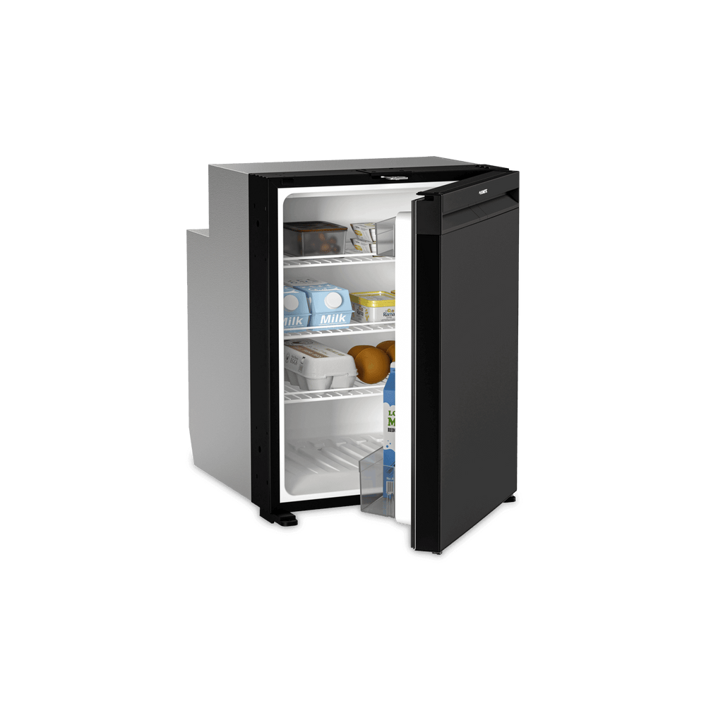 Dometic CoolMatic NRX 80E compressor fridge with door open and stocked shelves on a transparent background