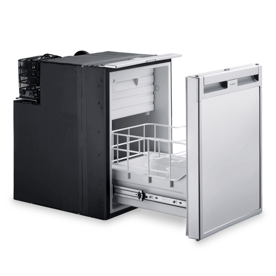 Dometic CoolMatic CRD 50 drawer fridge with door open and empty storage basket on a transparent background.