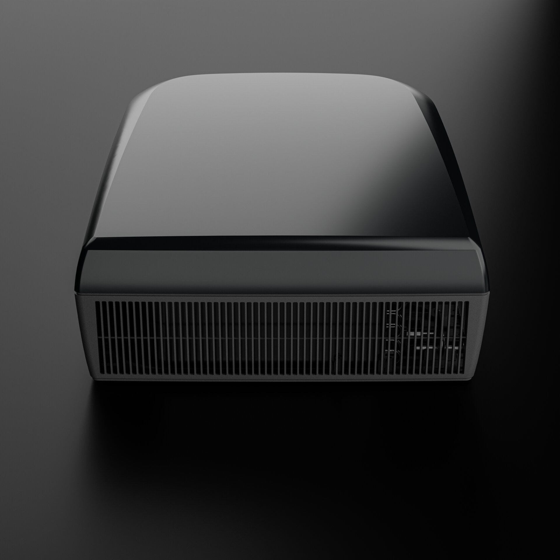 Dometic FJZ7 3500 black campervan roof air conditioner front view showing grille and housing, on a black background.