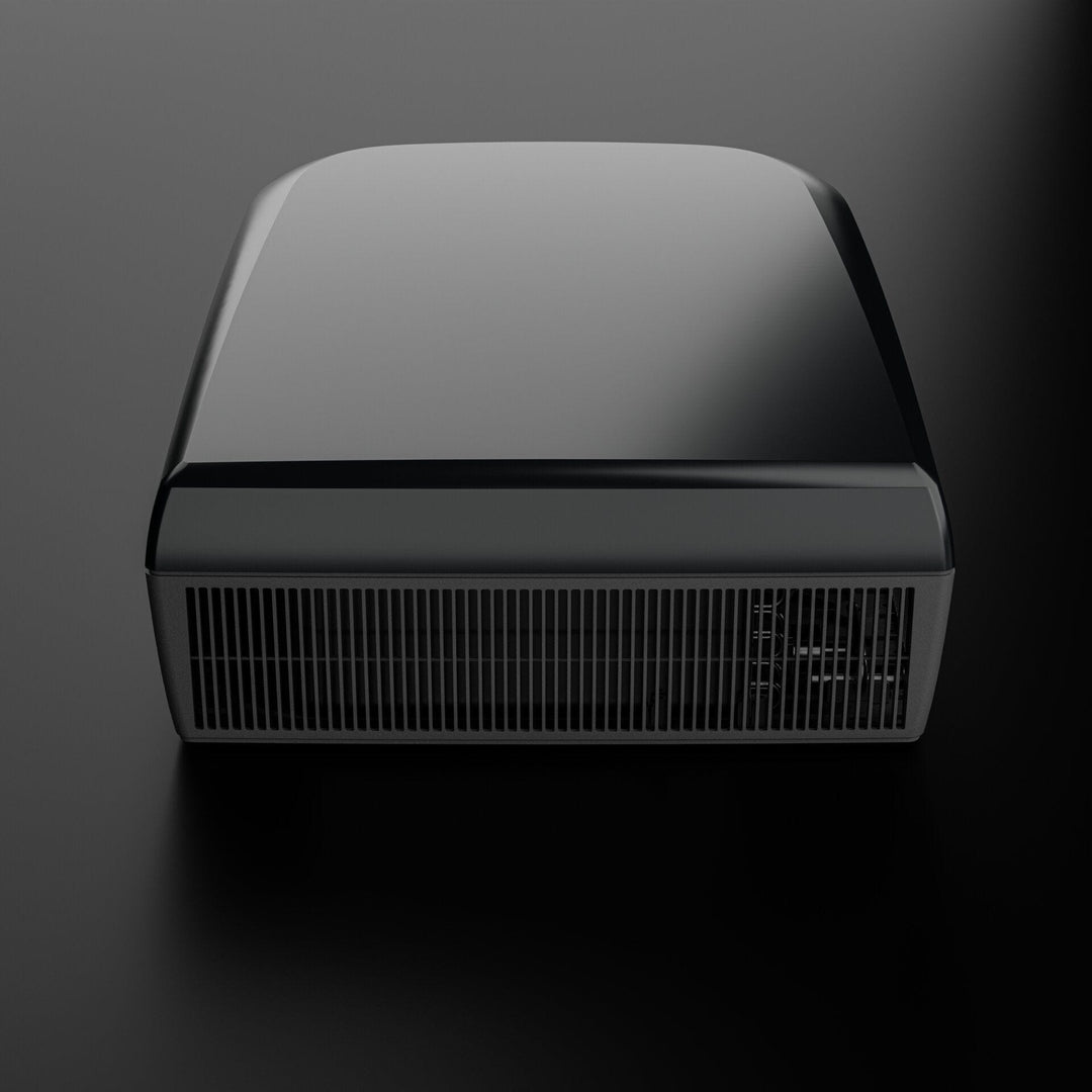 Dometic FJZ7 3500 black campervan roof air conditioner front view showing grille and housing, on a black background.