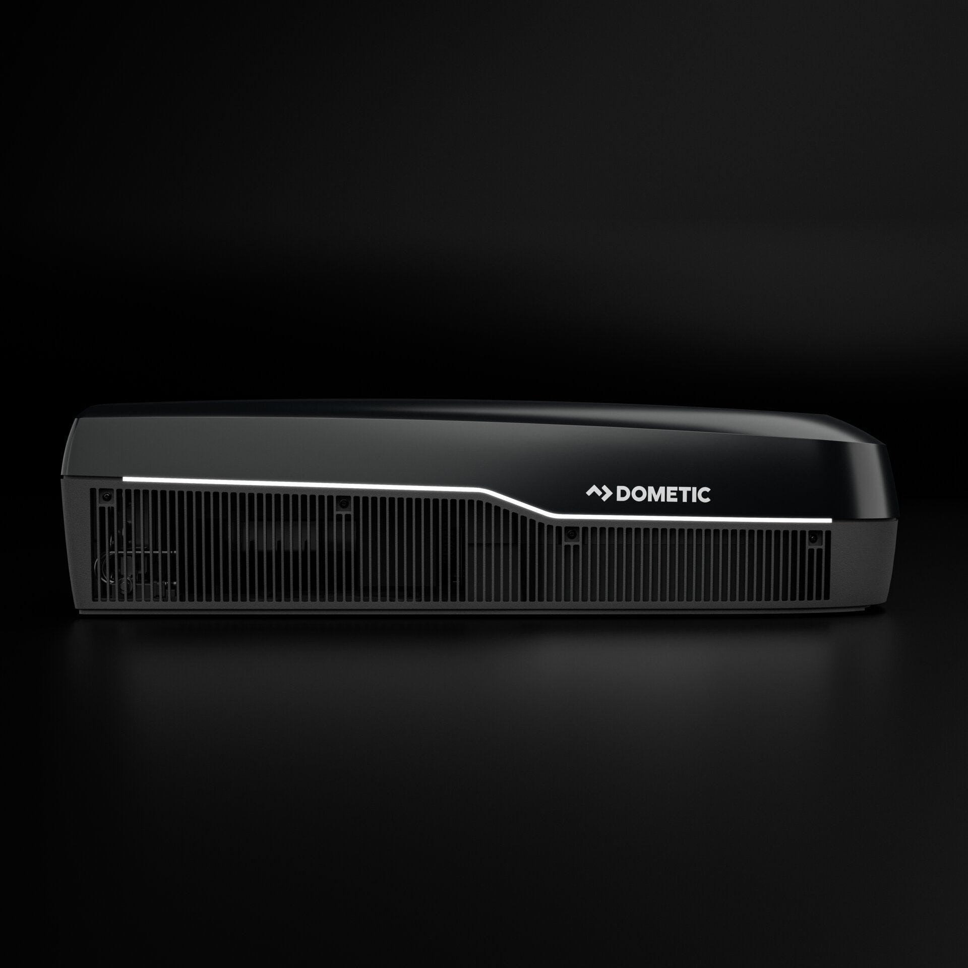 Dometic FJZ7 3500 white campervan roof air conditioner side profile with vent grille detail, on a black background.