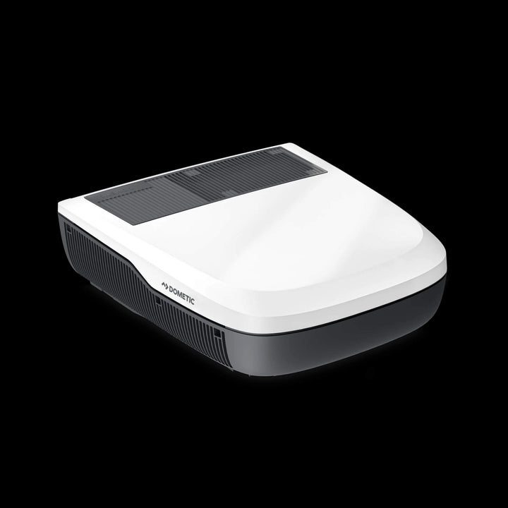 Dometic FJZ4 1700 white campervan roof air conditioner top view with vent design, on a black background.