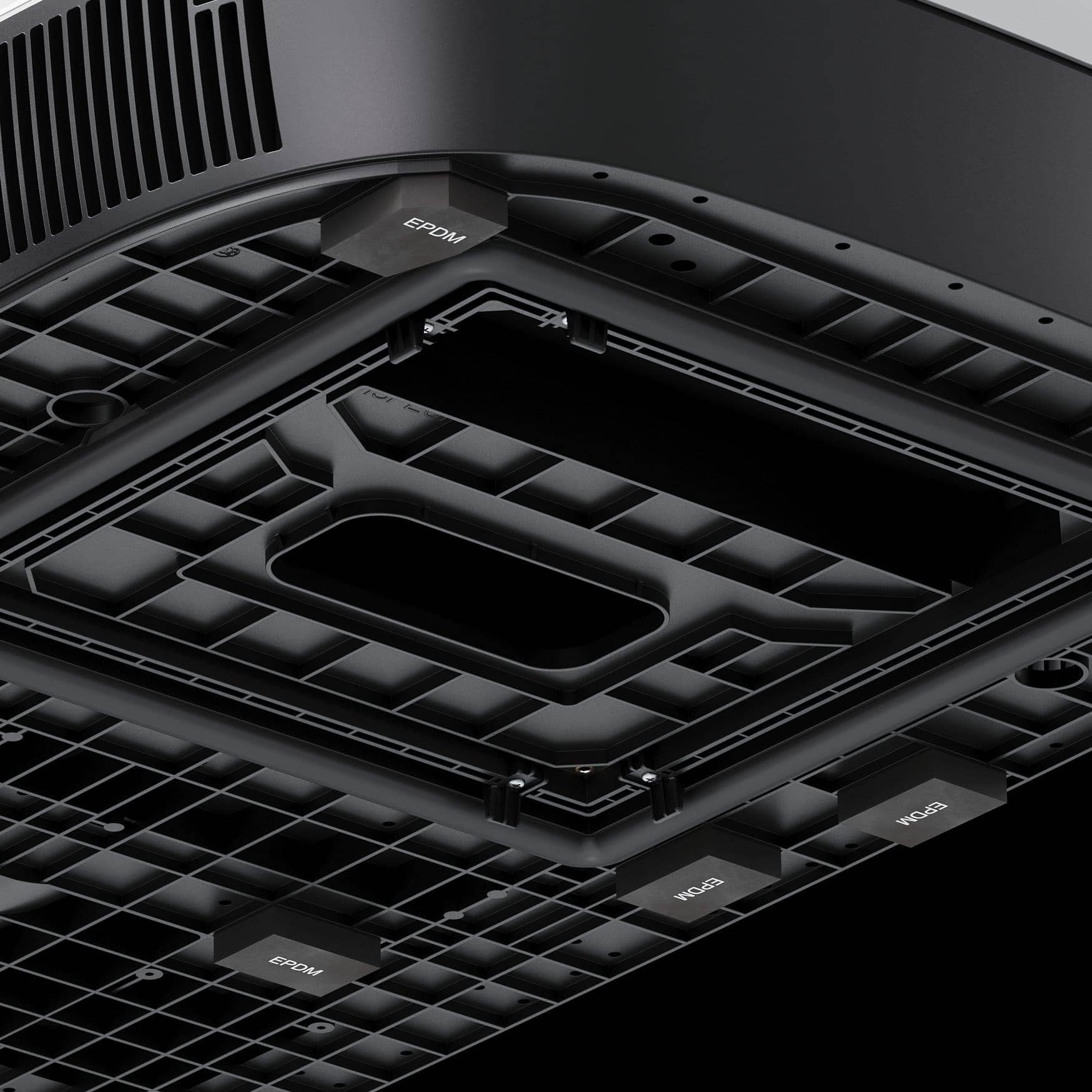 Close-up of Dometic FJZ7 3000 underside showing EPDM seals and installation components.