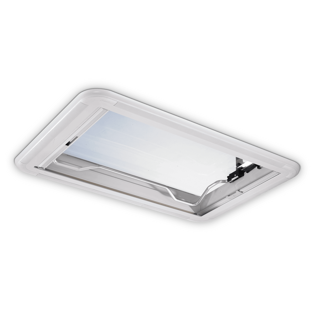 Dometic Heki 2 campervan roof skylight interior frame with clear dome partially open on a transparent background.