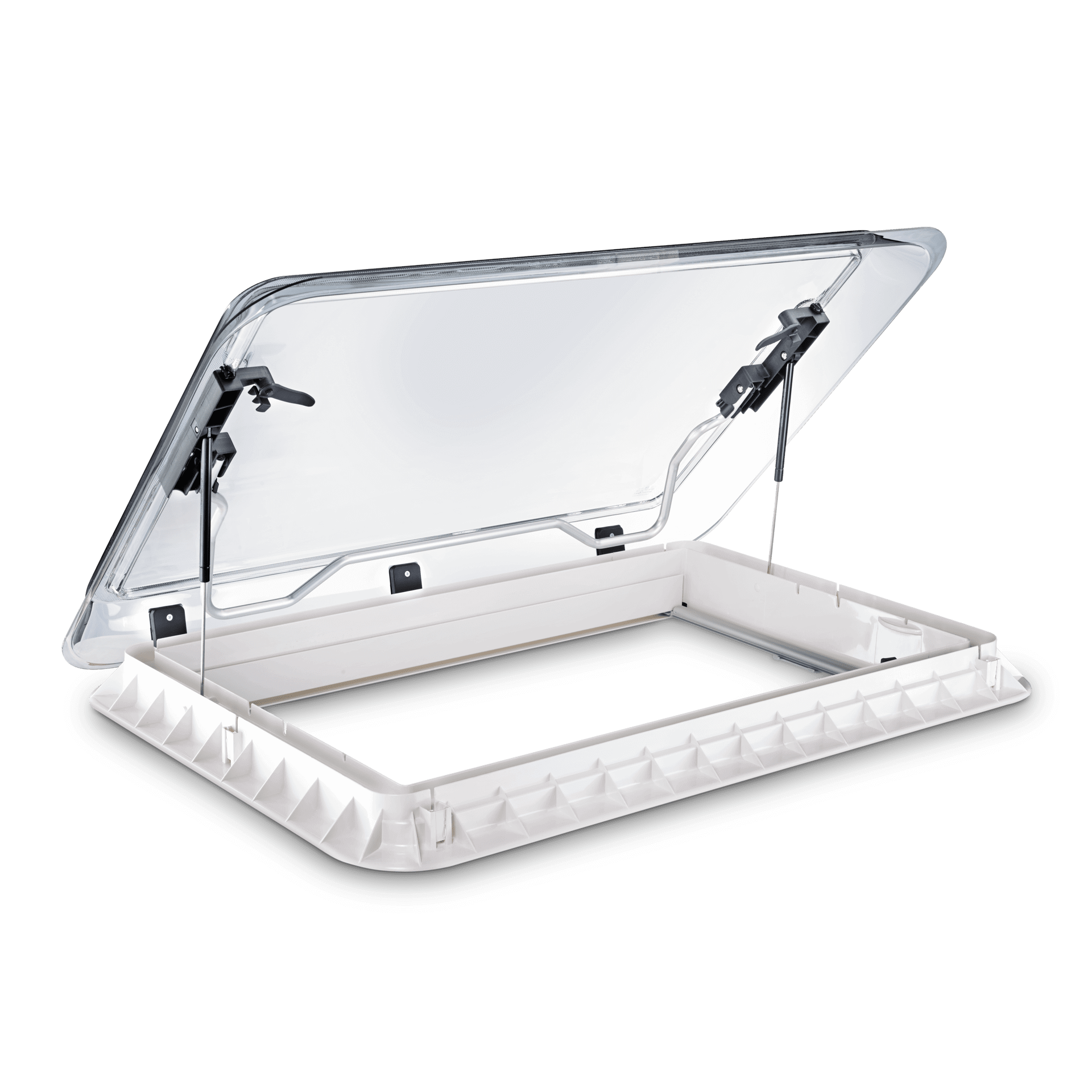 Dometic Heki 2 campervan roof skylight with large acrylic dome fully open showing support arms on a transparent background.