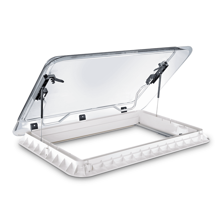 Dometic Heki 2 campervan roof skylight with large acrylic dome fully open showing support arms on a transparent background.