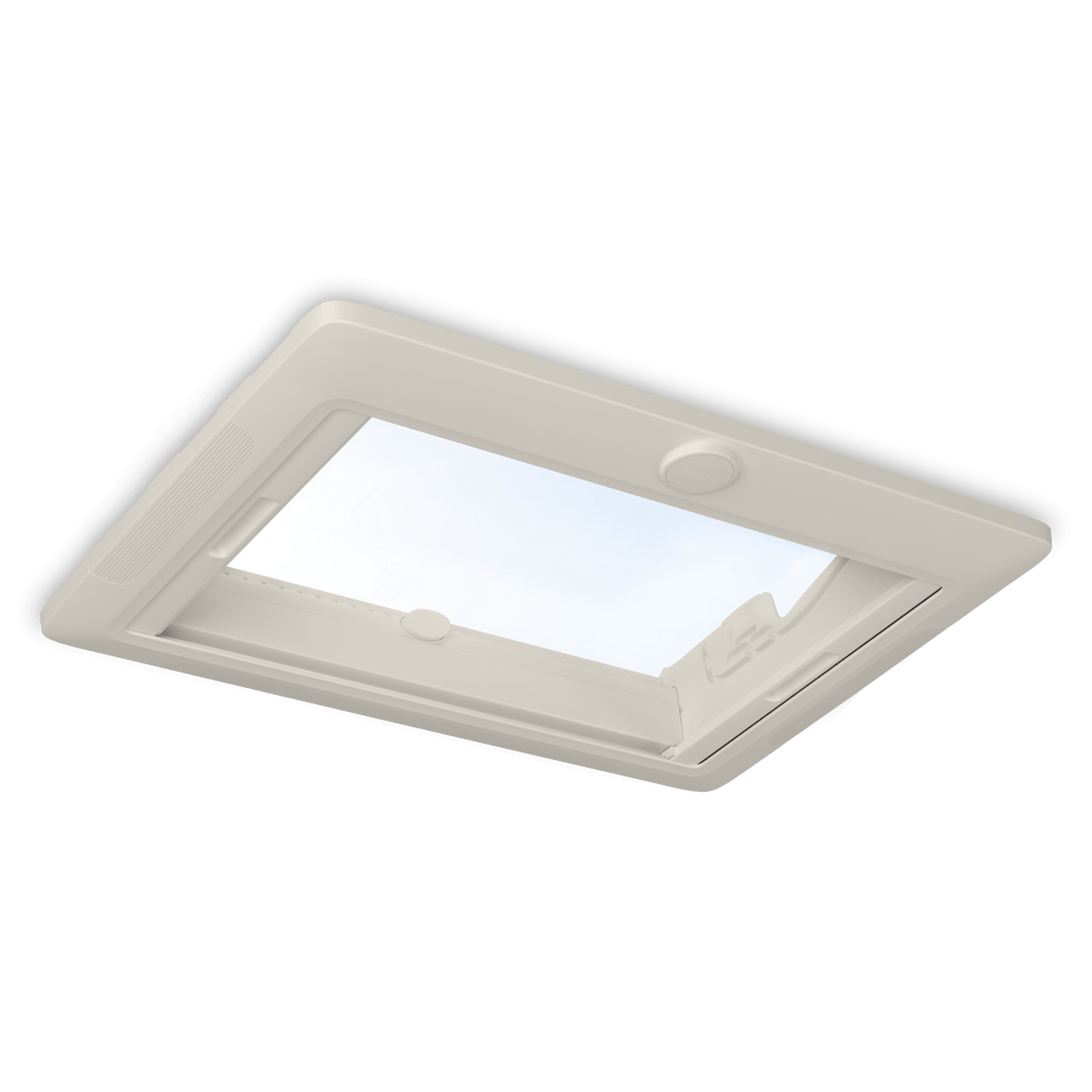 Dometic Midi Heki campervan skylight interior frame with roof dome open allowing light through the opening on a transparent background.