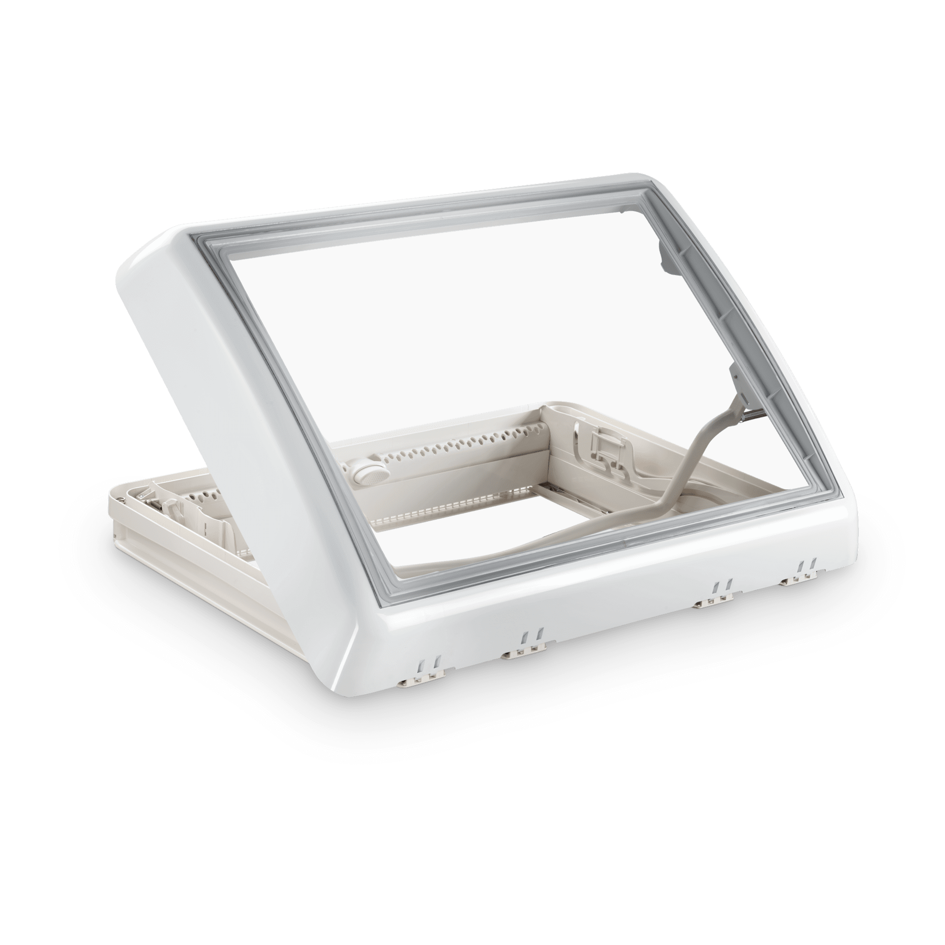 Dometic Midi Heki campervan roof skylight vent with clear dome lid partially open showing the hinge arm on a transparent background.