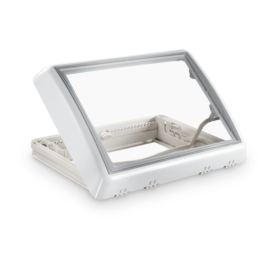 Dometic Midi Heki campervan roof skylight vent with clear dome lid partially open showing the hinge arm on a transparent background.