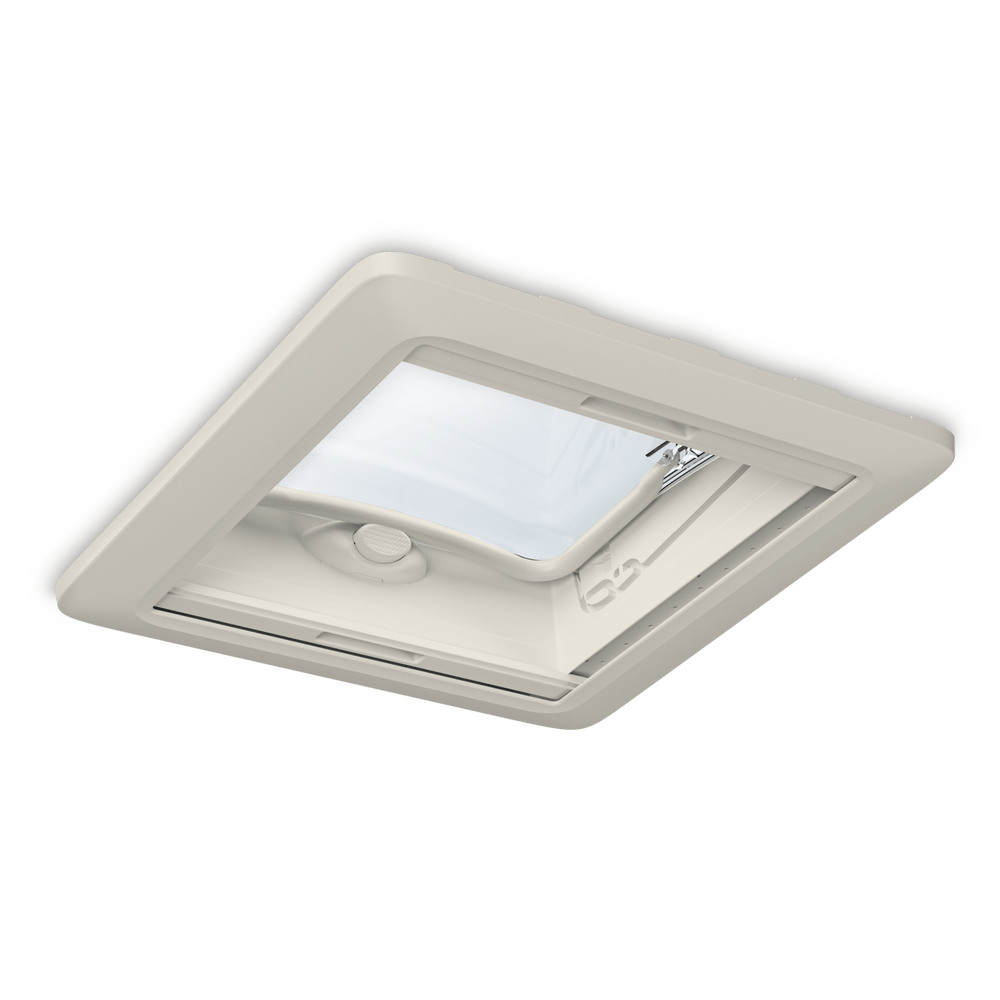 Dometic Mini Heki FL Campervan Skylight interior frame with roof dome partially raised showing ventilation opening on a transparent background.