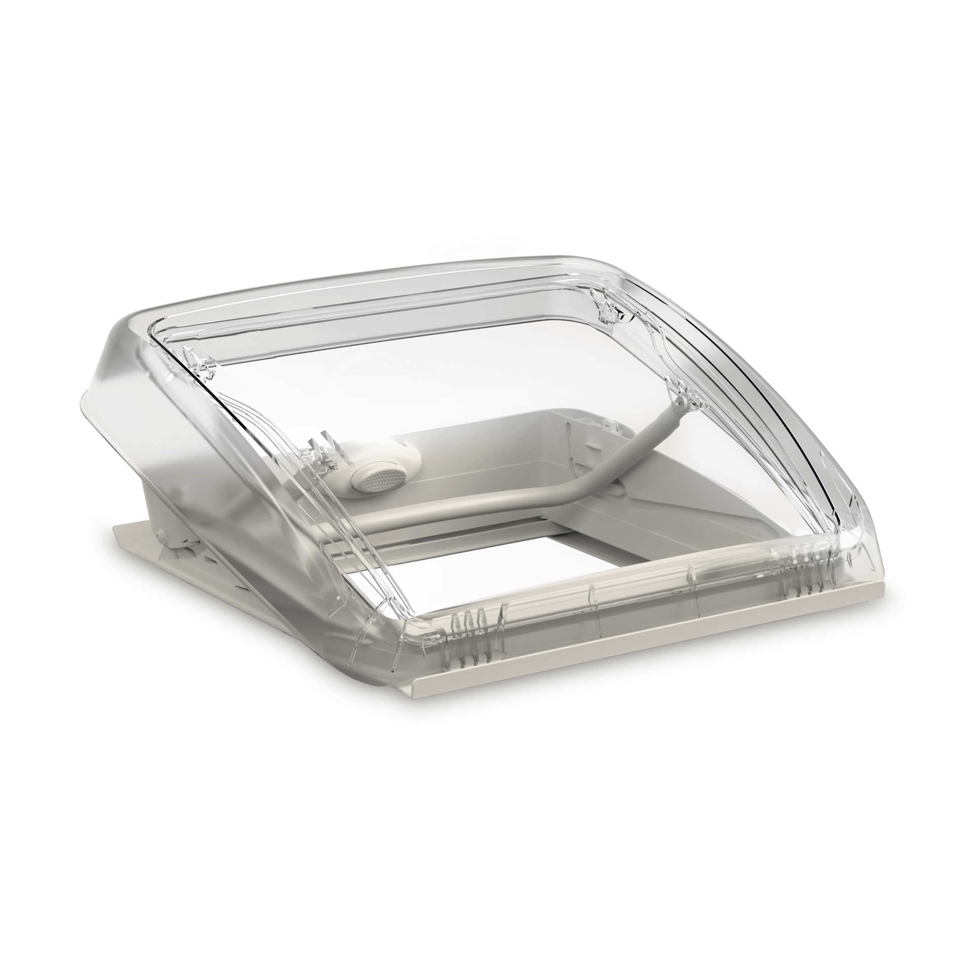 Dometic Mini Heki FL Campervan Skylight interior view with blind open showing the roof opening and control handle on a transparent background.