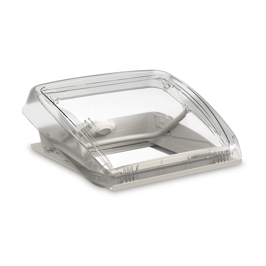 Dometic Mini Heki FL Campervan Skylight interior view with blind open showing the roof opening and control handle on a transparent background.