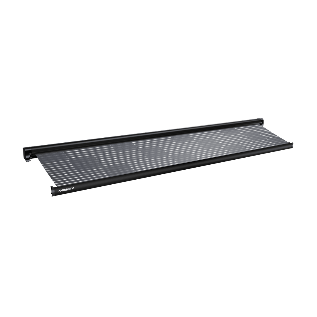 Dometic Perfect Wall PW1100 awning partially extended with grey striped fabric on a transparent background.