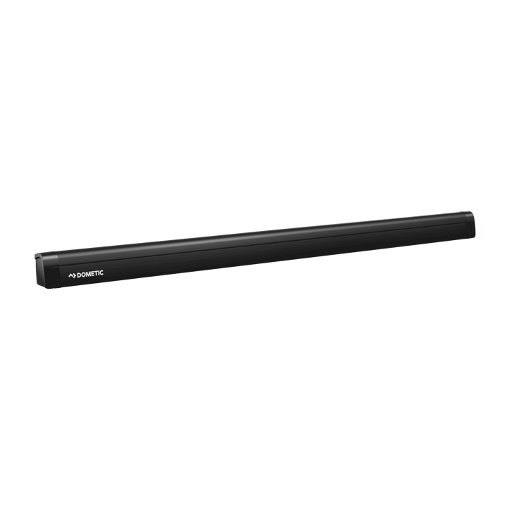 Dometic Perfect Wall PW1100 awning cassette closed in black housing on a transparent background.