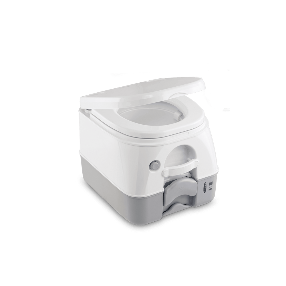 Dometic portable toilet compact camping toilet with lid partially open showing bowl on a transparent background.
