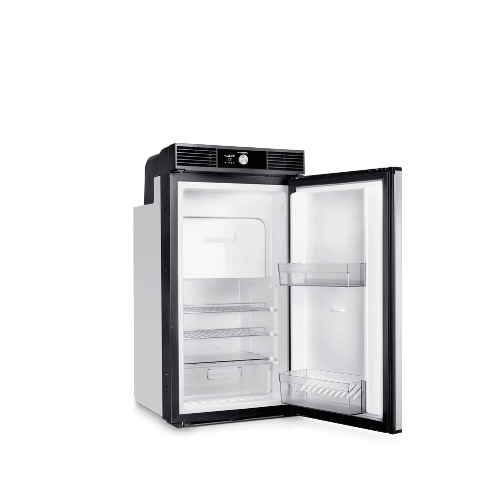 Dometic RC 10.4T 70 absorption refrigerator with open door on a transparent background.