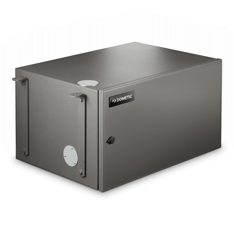 Angled view of the Dometic T400H petrol generator featuring a matte gray metal enclosure with minimal detailing. The unit is rectangular with a flat top, corner mounting brackets, a circular port, and a small Dometic logo on the front panel. It is placed on a black shadowed surface with a transparent background, giving the product a clean and isolated appearance.


