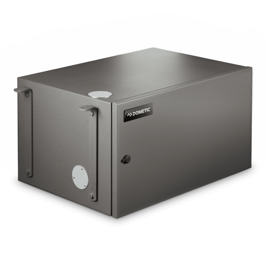 Angled view of the Dometic T400H petrol generator featuring a matte gray metal enclosure with minimal detailing. The unit is rectangular with a flat top, corner mounting brackets, a circular port, and a small Dometic logo on the front panel. It is placed on a black shadowed surface with a transparent background, giving the product a clean and isolated appearance.

