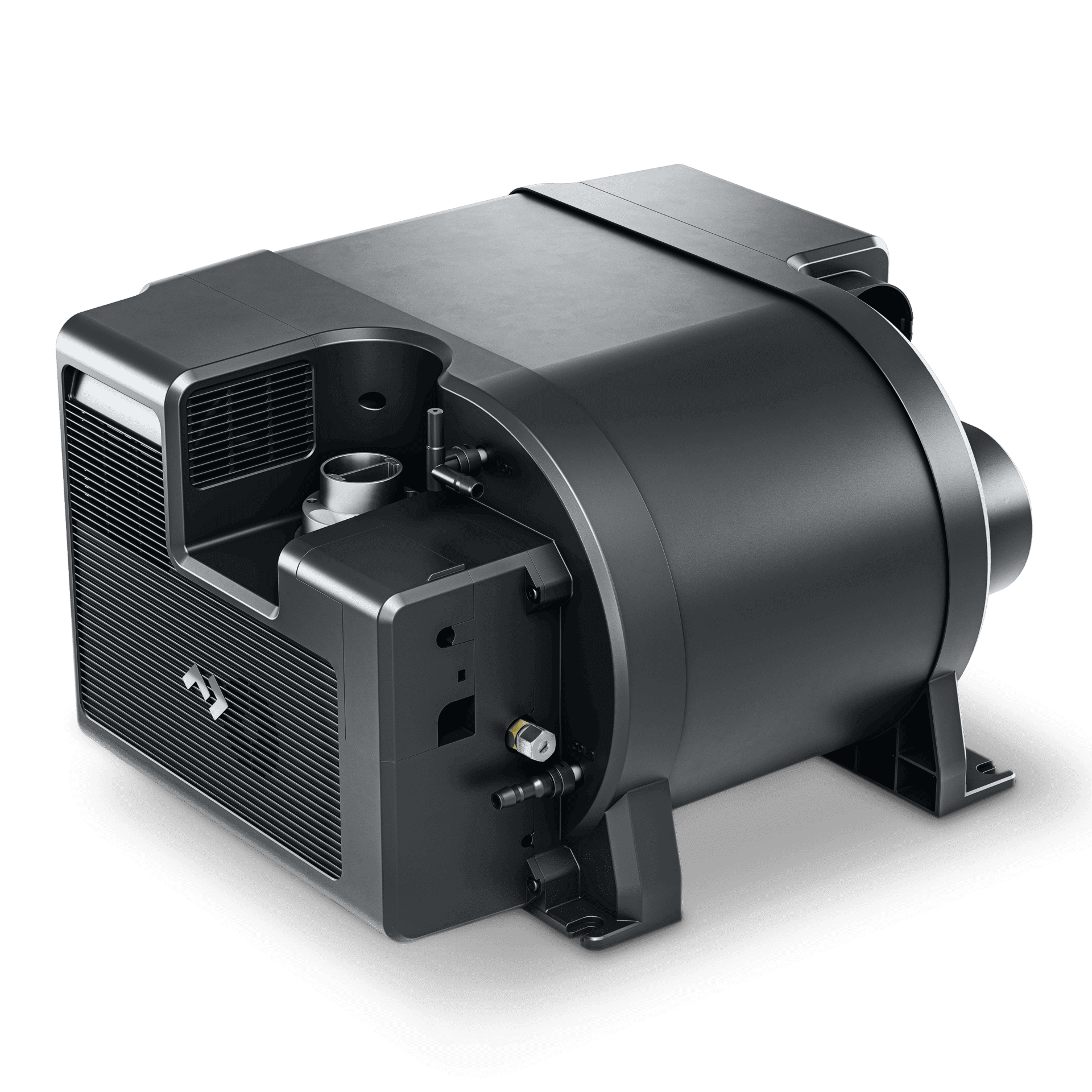 Dometic TwinBoost 6000H Heater angled view highlighting cylindrical body, connection ports, and front grille on a black transparent background.