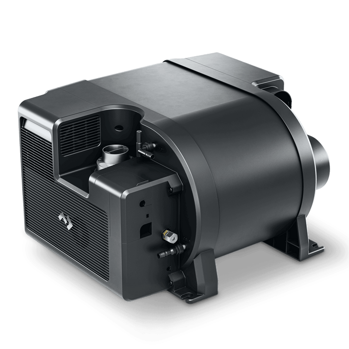 Dometic TwinBoost 6000H Heater angled view highlighting cylindrical body, connection ports, and front grille on a black transparent background.