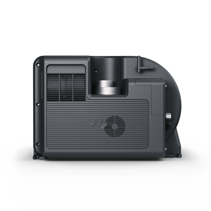 Dometic TwinBoost 6000H Heater side view showing black housing and vented front grille on a black transparent background.