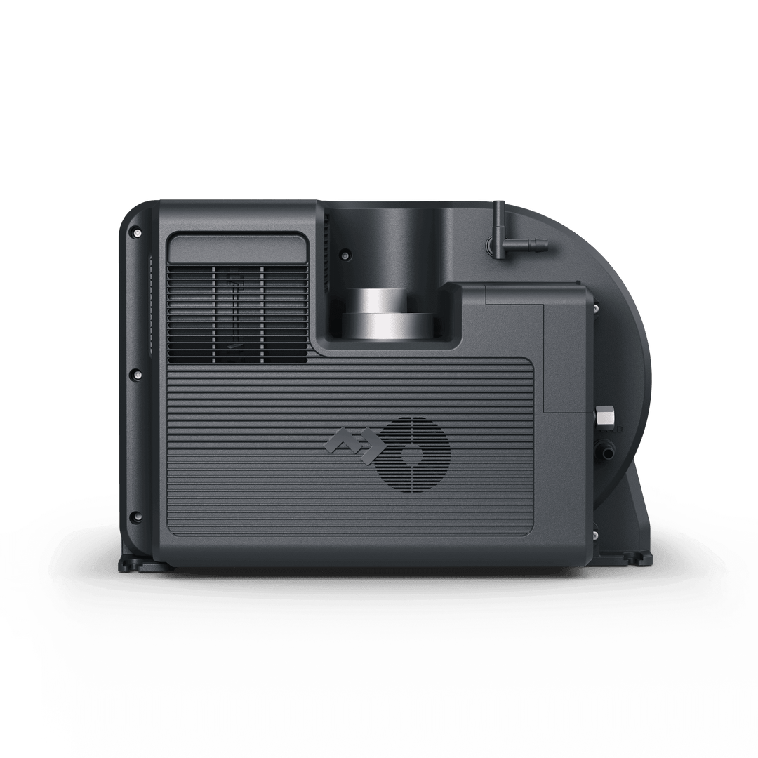 Dometic TwinBoost 8000H Heater in side profile highlighting the grille, fan housing, and pipe connections on a transparent black background.