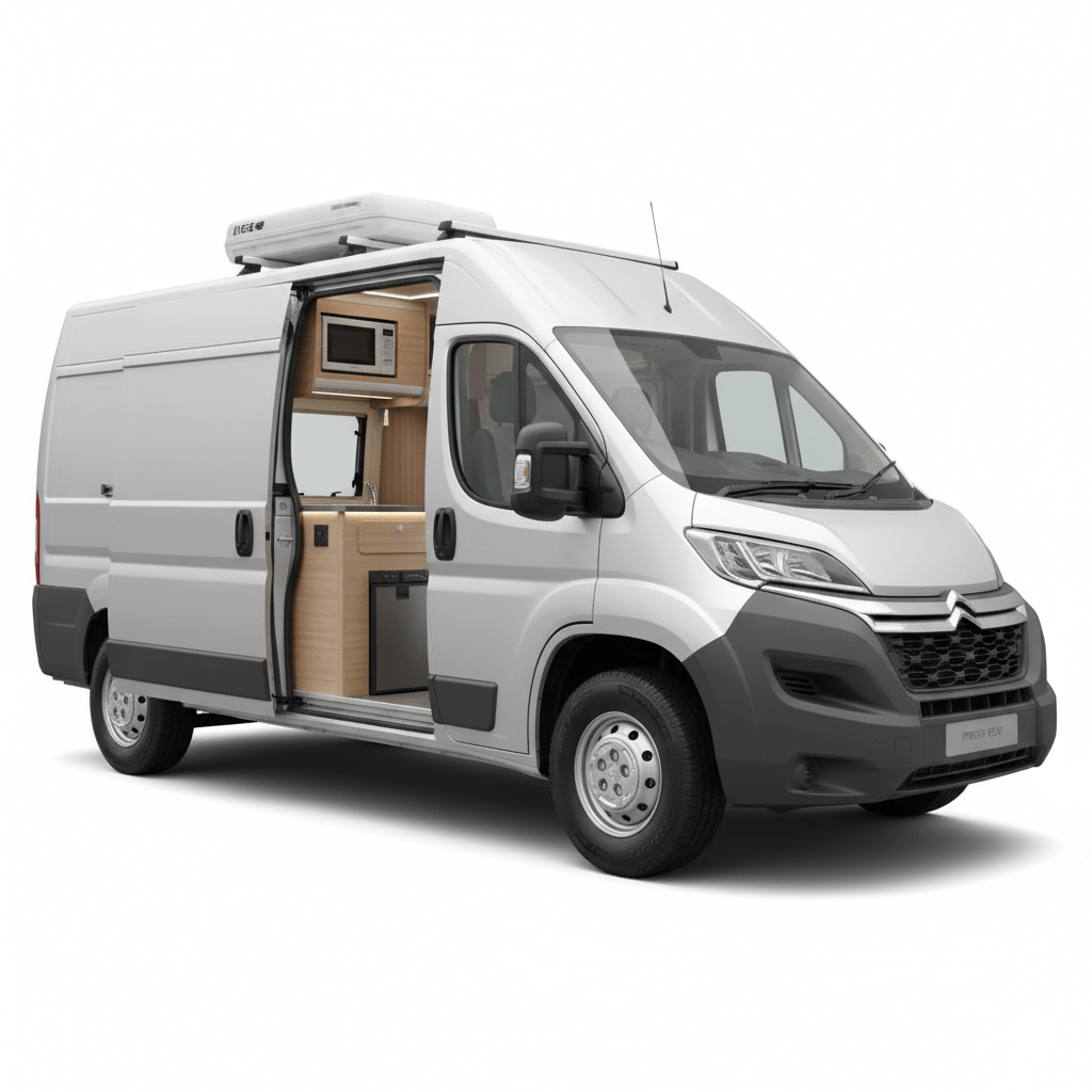 Dometic campervan appliance conversion kit installed in a Citroen Relay showing a built in fridge kitchen cabinet and roof mounted air conditioner inside a compact campervan layout on a white background.