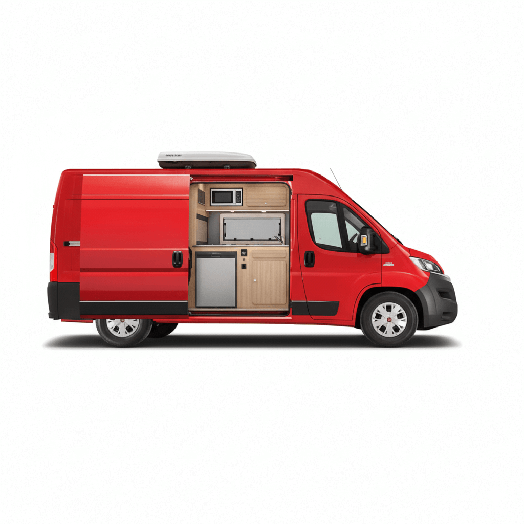 Dometic campervan appliance conversion kit installed in a Fiat Ducato showing a built in fridge kitchen cabinet and roof mounted air conditioner inside a compact campervan layout on a white background.