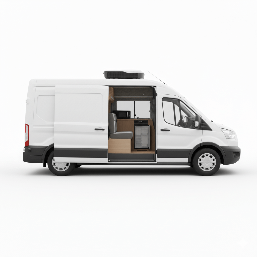 Dometic campervan appliance conversion kit installed in a Ford transit showing a built in fridge kitchen cabinet and roof mounted air conditioner inside a compact campervan layout on a white background.