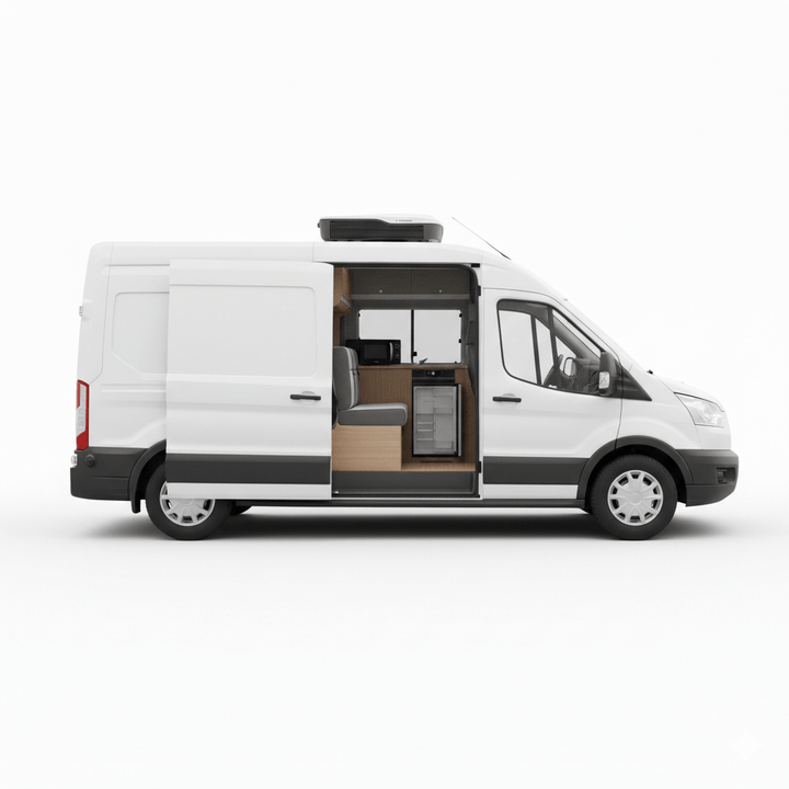 Dometic campervan appliance conversion kit installed in a Ford transit showing a built in fridge kitchen cabinet and roof mounted air conditioner inside a compact campervan layout on a white background.