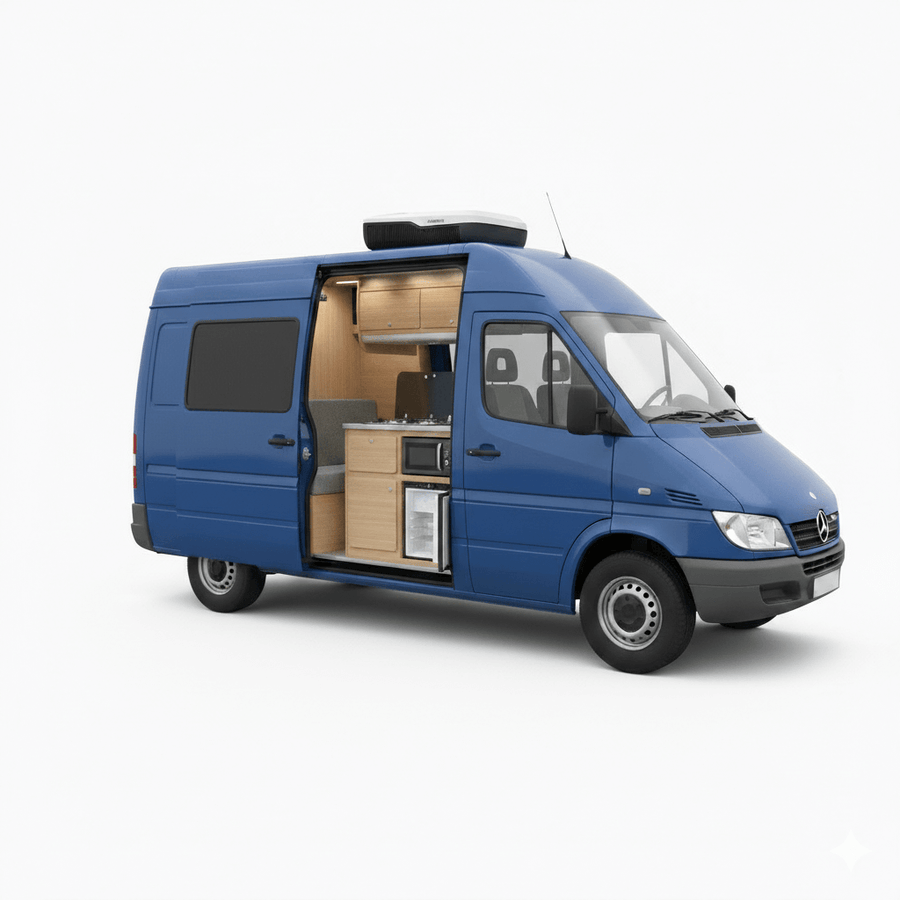 Dometic campervan appliance conversion kit installed in a Mercedes Sprinter showing a built in fridge kitchen cabinet and roof mounted air conditioner inside a compact campervan layout on a white background.