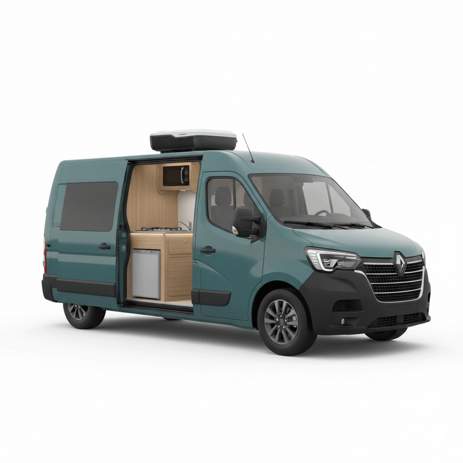 Dometic campervan appliance conversion kit installed in a Renault Master showing a built in fridge kitchen cabinet and roof mounted air conditioner inside a compact campervan layout on a white background.