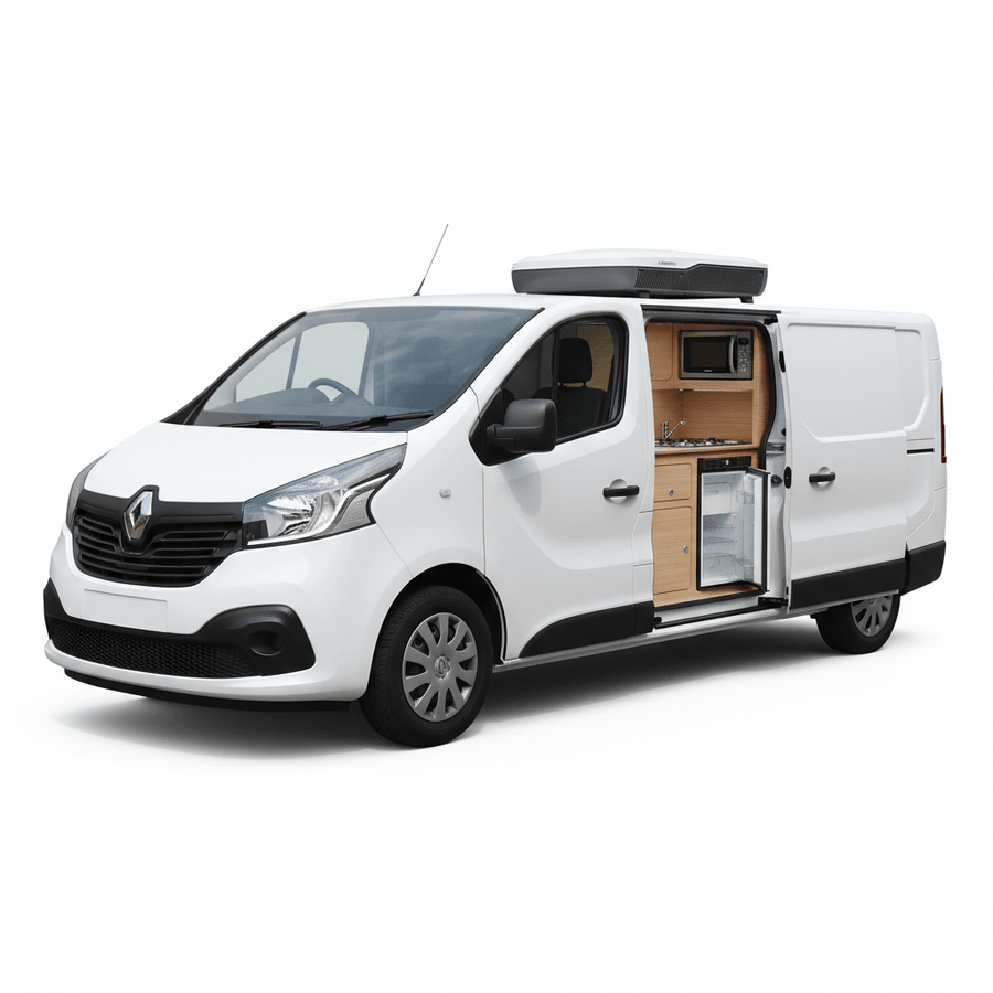 Dometic campervan appliance conversion kit installed in a  Renault Trafic showing a built in fridge kitchen cabinet and roof mounted air conditioner inside a compact campervan layout on a white background.